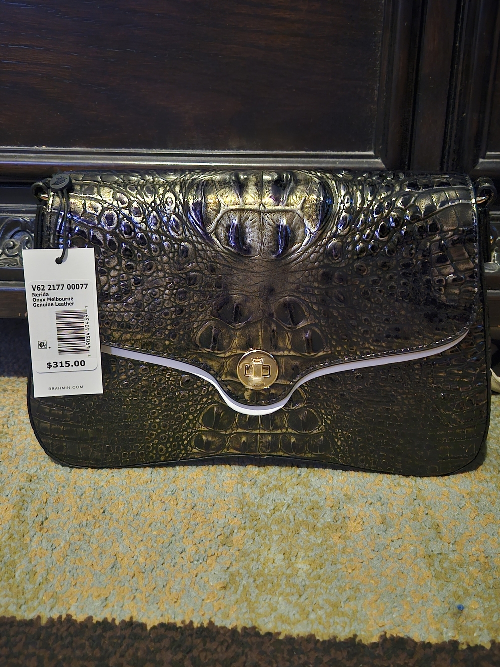Brahmin Metallic Black Croco-Embossed Leather Shoulder Bag